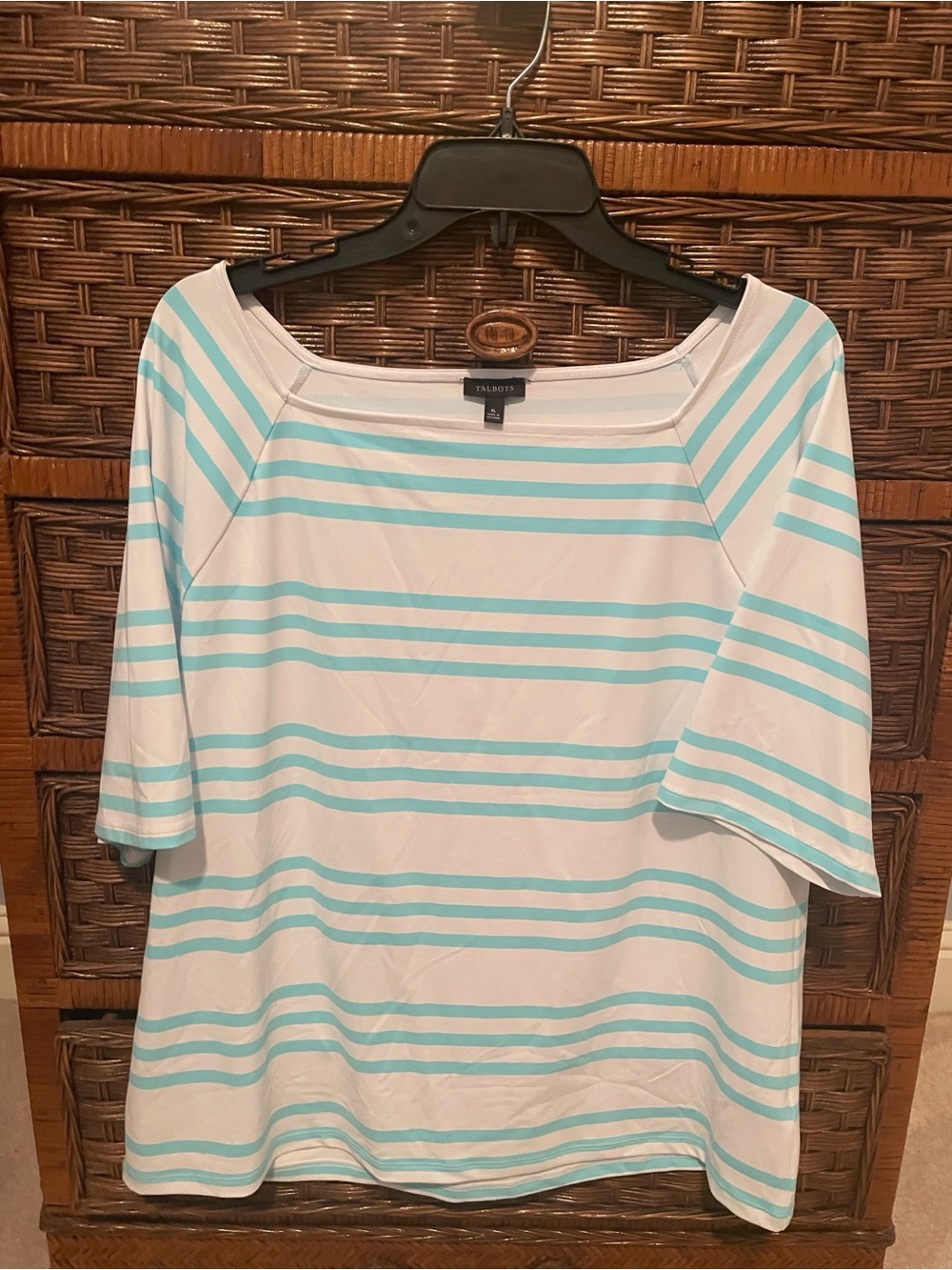 Talbots White and Aqua Striped Scoop Neck Top